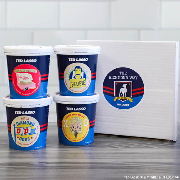 The Richmond Way, Ted Lasso™ ice cream sampler - 4 pints featuring Believe!, Biscuits with the Boss, Kisses from Keeley, and Dig In, Diamond Dogs!