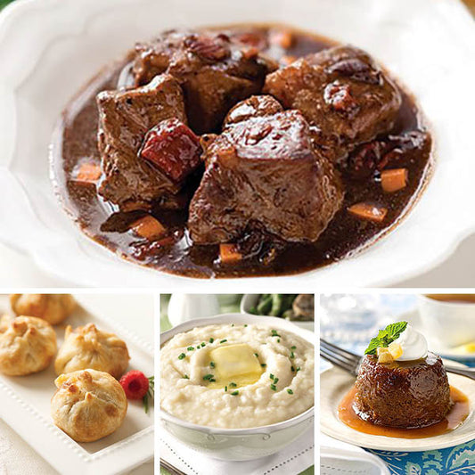 Beef Bourguignon Dinner for Four, featuring Beef Bourguignon (top), Brie & Raspberry en Croûte, Crème Fraîche Mashed Potatoes, and British Sticky Toffee Pudding (left to right).