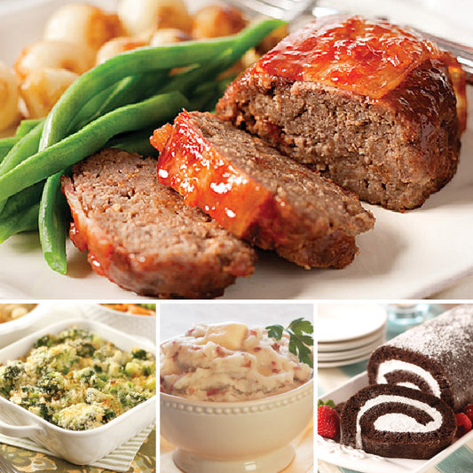 Comfort Food Classic Meatloaf Dinner for Two, featuring Individual Classic Meatloaf (top), Broccoli-Parmesan Gratin (bottom left), Garlic Mashed Potatoes (bottom middle), and Chocolate Swirl Cake (bottom right).
