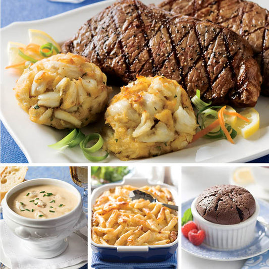 Steak and Crab Cake Dinner for Two, featuring New York Strip Steaks and Perfect Crab Cakes (top), Cream of Crab Soup, Macaroni & Cheese Casserole, and Chocolate Souffles (bottom left to right)