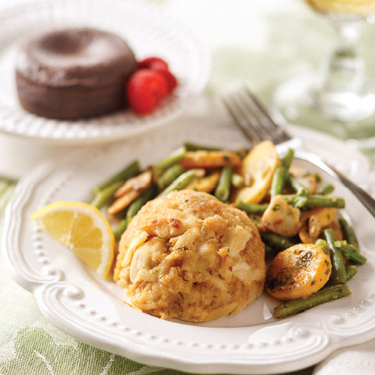 Crab Cake Dinner, featuring Perfect Crab Cakes, Vegetable Potato Medley, and Molten Chocolate Cakes