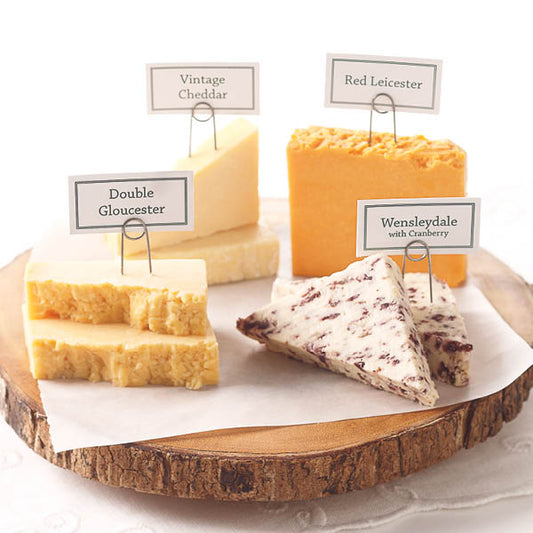British Cheese Collection featuring Vintage Cheddar, Red Leicester, Double Gloucester, and Wensleydale cheeses.