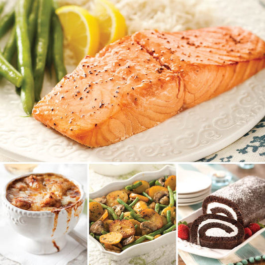 Honey Bourbon Salmon Dinner, featuring Honey Bourbon Salmon Filet, French Onion Soup, Vegetable Potato Medley, and Chocolate Swirl Cake