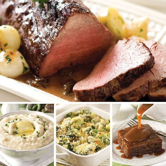 Chateaubriand Complete Dinner featuring cooked Chateaubriand, Crème Fraiche Mashed Potatoes, Broccoli-Parmesan Gratin, and Sticky Toffee Pudding
