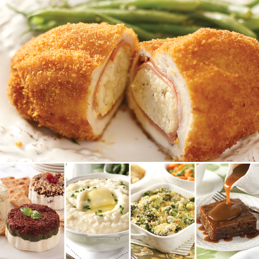 Chicken Cordon Bleu Meal for Four, featuring Chicken Cordon Bleu (top), Sundried Tomato Pesto Cheese Torta, Crème Fraîche Mashed Potatoes, Broccoli-Parmesan Gratin, and Sticky Toffee Pudding (bottom, from left to right)