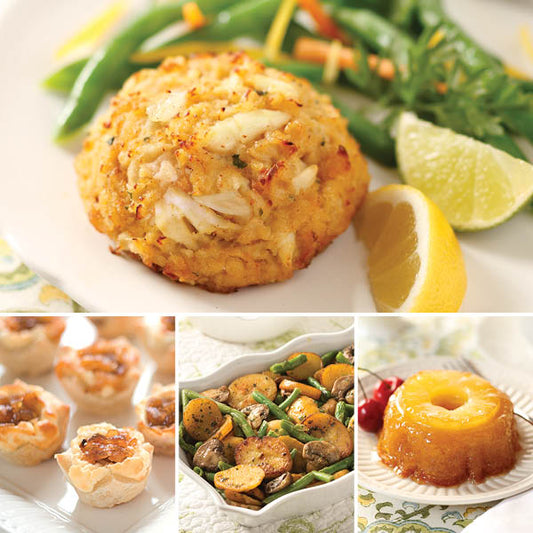Deluxe Crab Cake Dinner, featuring Jumbo Lump Crab Cakes (top), Caramelized Onion & Feta Pastry Blossoms, Vegetable Potato Medley, and Pineapple Upside Down Cakes (bottom left to right)