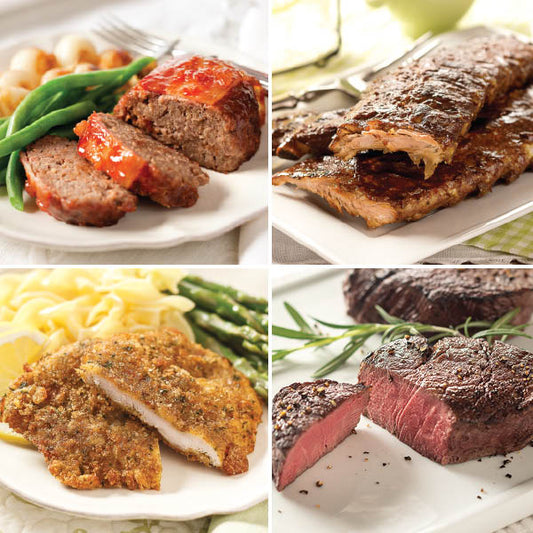 Classic Entrée Sampler for Two, featuring Individual Classic Meatloaf (top left), Baby Back Pork Ribs (top right), Pork Schnitzel (bottom left), and Beef Filet Mignon (bottom right).