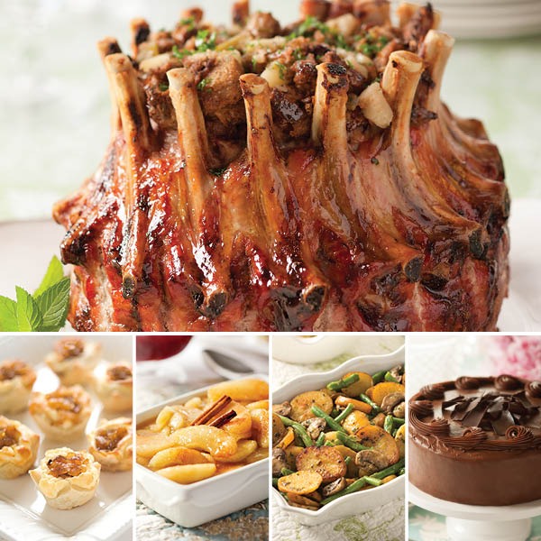 Crown Roast of Pork Complete Dinner, featuring Stuffed Pork Crown Roast (top), Caramelized Onion & Feta Pastry Blossoms, Kettle Cooked Apples, Vegetable Potato Medley, and Layer Cake Sampler (bottom left to right)