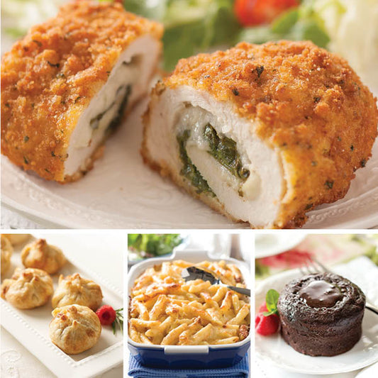 Stuffed Chicken Breast Complete Dinner, accompanied by Brie and Raspberry en Croute, Macaroni & Cheese Casserole, and Molten Chocolate Cakes.