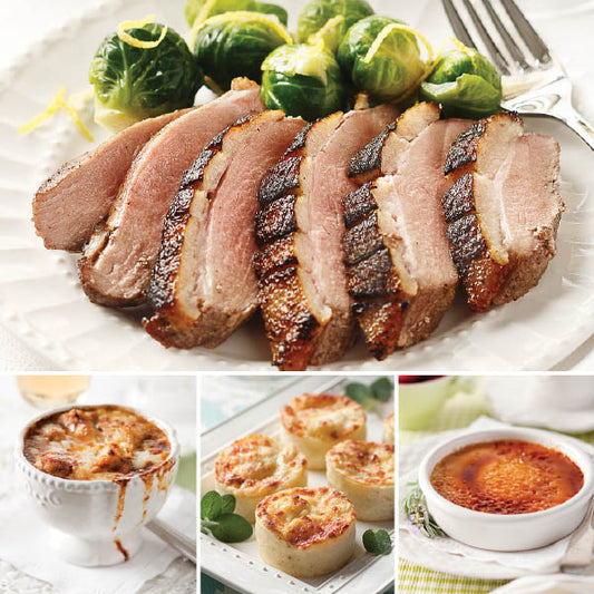 The Bistro Special Orange Duck Dinner for Two, featuring Honey Orange Duck Breast, French Onion Soup, Individual Potato Gratins, and Creme Brulee.