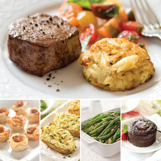 Deluxe Land & Sea Meal delivered for two people, featuring Filet Mignon and Perfect Crab Cakes (top), accompanied with Caramelized Onion & Feta Pastry Blossoms, Sour Cream & Chive Twice Baked Potatoes, Green Bean Almondine, and Molten Chocolate Cakes (bot