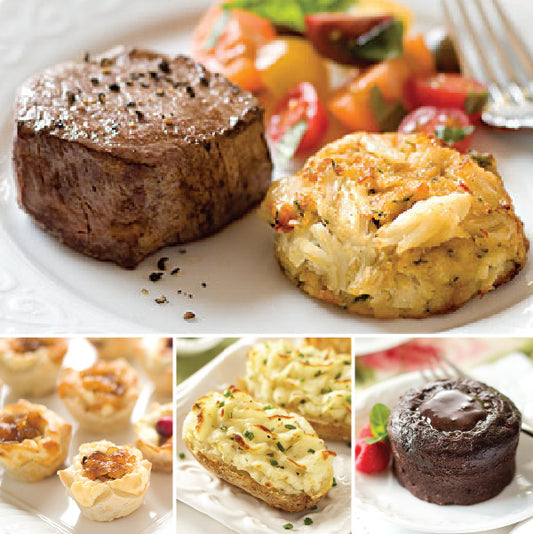 Maryland Style Surf and Turf Dinner, featuring Filet Mignon, Perfect Crab Cakes, Caramelized Onion & Feta Pastry Blossoms, Sour Cream & Chive Twice Baked Potatoes, and Molten Chocolate Cakes.