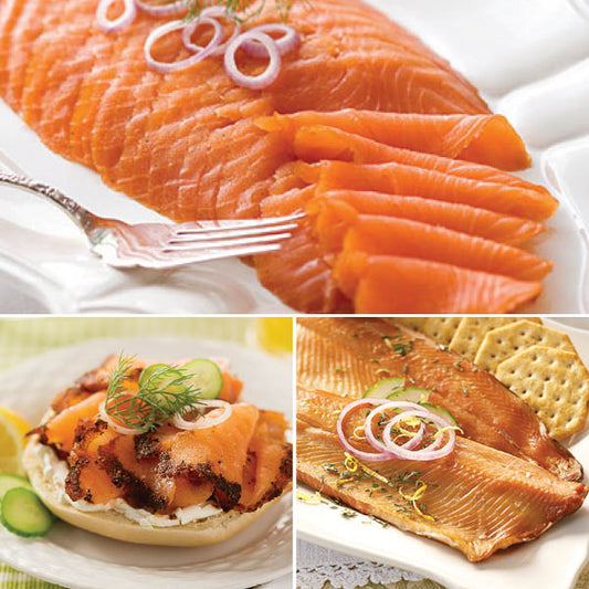 Casco Bay Sampler, featuring Ducktrap River Kendall Brook Smoked Salmon, Pastrami Smoked Salmon, and Classic Smoked Rainbow Trout.