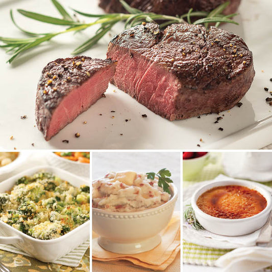 Filet Mignon Dinner for Two featuring Beef Filet Mignon (top), Broccoli Parmesan Gratin, Garlic Mashed Potatoes, and Creme Brulee  (bottom left to right)