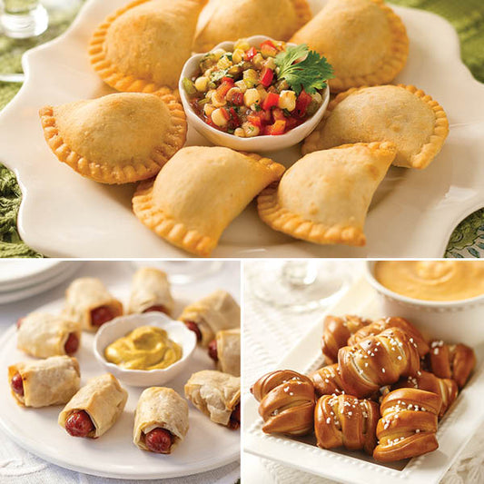 Game Day Favorites Appetizer Sampler featuring Mini Beef Empanads, Coney Island Dogs, and Pretzels with Beer Cheese