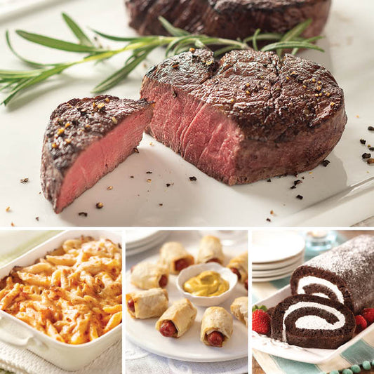 Cookout Dinner for Two featuring Beef Filet Mignon (top), Macaroni & Cheese Casserole, Coney Island Dogs, and Chocolate Swirl Cake (bottom left to right)