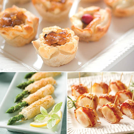 Favorite Hors d'oeuvres Assortment featuring Pastry Blossoms, Asparagus Asiago Spears, and Bacon Wrapped Scallops.