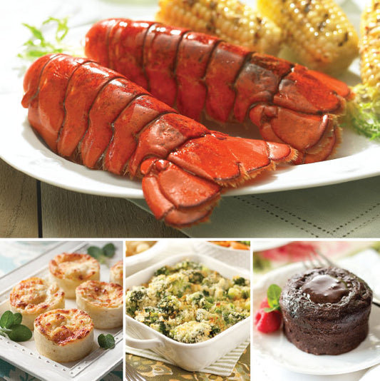 Lobster Tail Dinner for Two, featuring Cold Water Lobster Tails, Individual Potato Gratins, Broccoli-Parmesan Gratin, and Molten Chocolate Cakes.