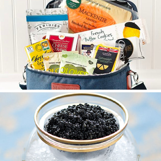 Mackenzie Collection Gift Basket featuring smoked salmon, American Beluga caviar, imported cheeses, crackers, olives, and more!