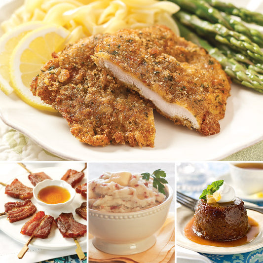 Pork Schnitzel Dinner for Two featuring Pork Schnitzel (top), Vanilla-Bourbon Bacon Lollipops, Garlic Mashed Potatoes, and Individual Sticky Toffee Pudding (bottom left to right)