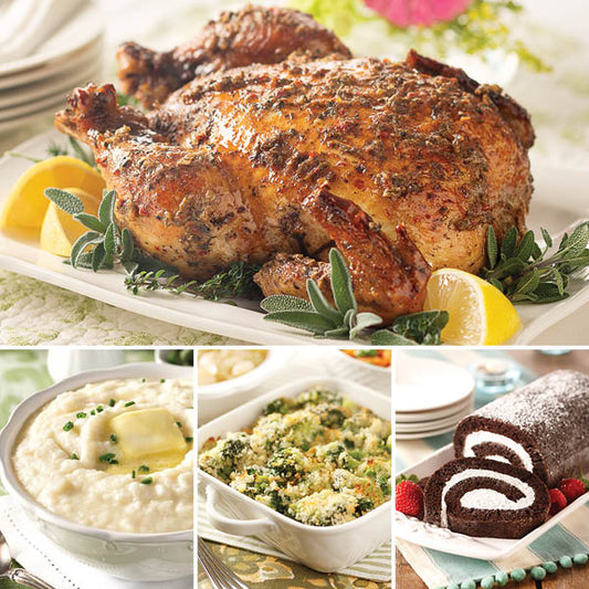Roasted Chicken Complete Dinner featuring Italian Herb Chicken Roaster (top), Creme Fraiche Mashed Potatoes, Broccoli Parmesan Gratin, and Chocolate Swirl Cake (bottom left to right)