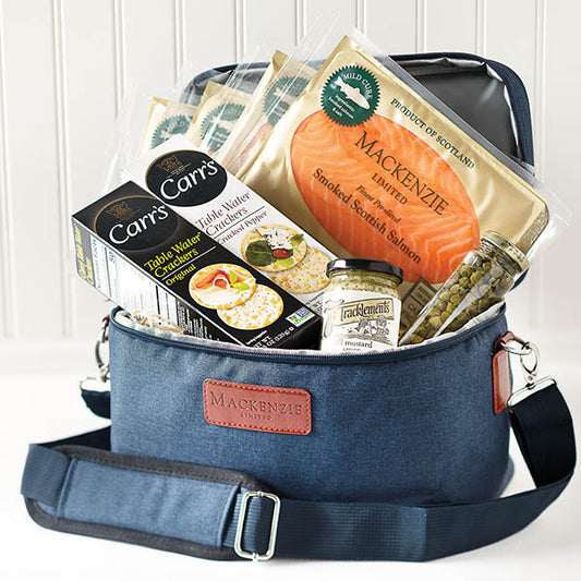 Salmon Sensation Gift Basket, featuring Mackenzie Scottish Smoked Salmon, crackers, mustard dill, and capers