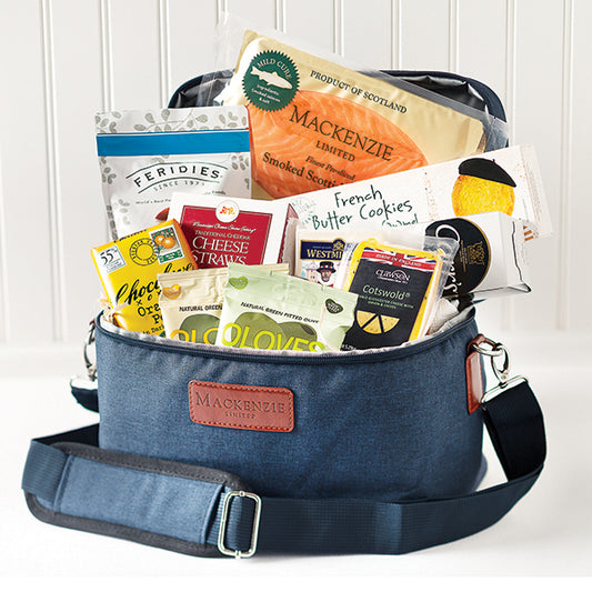 Simply Gourmet Gift Basket, featuring Mackenzie Scottish Smoked Salmon, cheese, crackers, olives, cookies, and more.