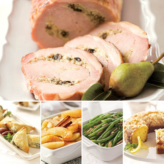 Stuffed Pork Loin Complete Dinner featuring Stuffed Pork Loin, Spanakopita, Green Bean Almondine, Kettle Cooked Apples, and Lemon Crunch Cake