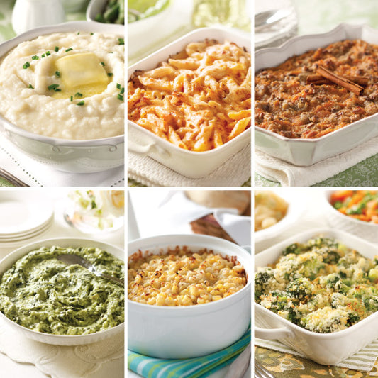 Gourmet Side Dish Sampler, featuring Crème Fraîche Mashed Potatoes, Macaroni & Cheese Casserole, Sweet Potato Casserole, Creamed Spinach, Eastern Shore Creamed Corn Casserole, and Broccoli-Parmesan Gratin (from top left to bottom right)