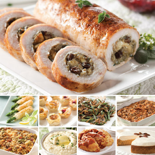 Stuffed Turkey Roast Complete Dinner for Large Gatherings, featuring Stuffed Turkey Roast (top), Asparagus Asiago Spears, Caramelized Onion & Feta Pastry Blossoms, Green Bean Casserole, Sweet Potato Casserole, Brussels Sprouts Gratin Casserole, Crème Frai