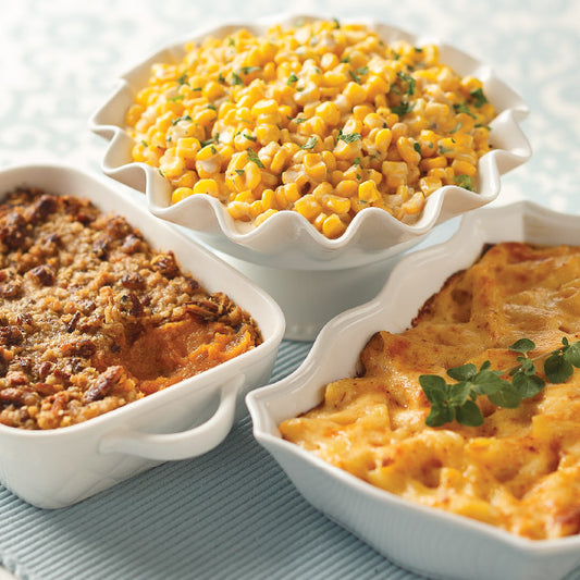 Top Rated Sides Sampler, featuring Sweet Potato Casserole, Eastern Shore Creamed Corn Casserole, and Macaroni & Cheese Casserole (from left to right)