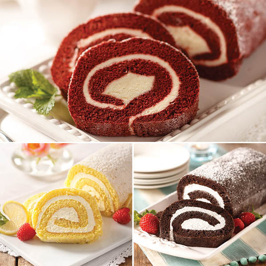 Swirl Cake Trio Collection featuring Red Velvet Swirl Cake, Lemon Creme Swirl Cake, and Chocolate Swirl Cake