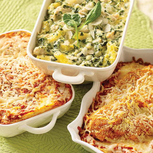 Italian Dinner Trio Entree Sampler, featuring Chicken Florentine Pasta, Cheese Lasagna, and Chicken Parmesan