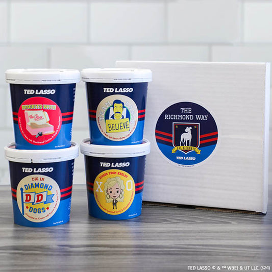 The Richmond Way, Ted Lasso™ ice cream sampler - 4 pints featuring Believe!, Biscuits with the Boss, Kisses from Keeley, and Dig In, Diamond Dogs!