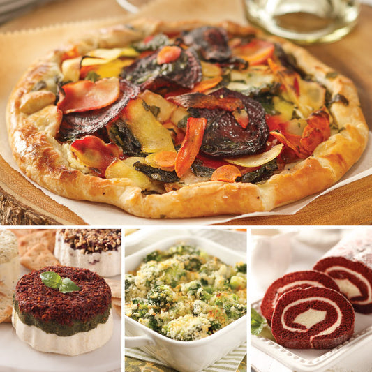 Vegetarian Delight Dinner for Four, featuring Root Vegetable Galette (top), Sundried Tomato Pesto Cheese Torta, Broccoli-Parmesan Gratin, Red Velvet Swirl Cake (bottom left to right).