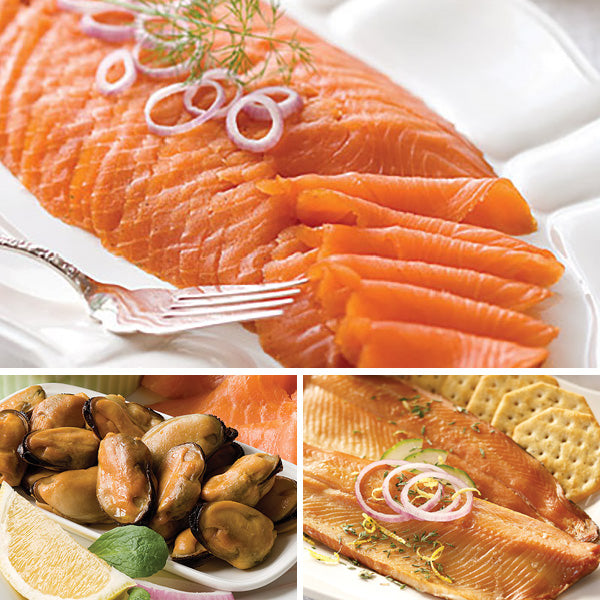 Ducktrap River York Harbor Sampler featuring smoked salmon, smoked mussels, and smoked trout