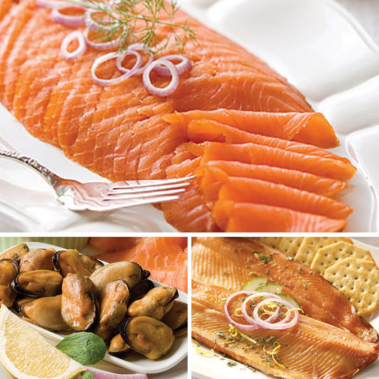 Ducktrap River York Harbor Sampler featuring smoked salmon, smoked mussels, and smoked trout